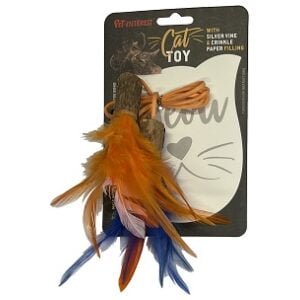 SILVER VINE WOODY CAT TOY WITH FEATHER ORANGE-BLUE