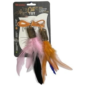 SILVER VINE WOODY CAT TOY WITH FEATHER ORANGE-PINK