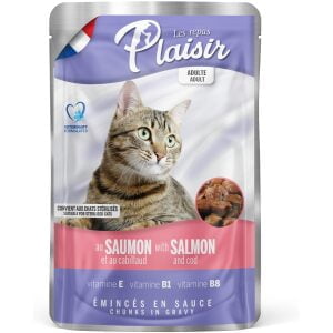 Υγρή τροφή για στειρωμένες γάτες σε φακελάκι Plaisir Sterilized Σολομός και Μπακαλιάρος 100γρ