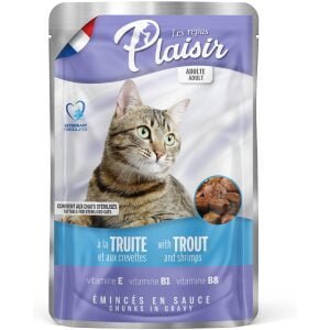 Υγρή τροφή για στειρωμένες γάτες σε φακελάκι Plaisir Sterilized Πέστροφα και Γαρίδες 100γρ