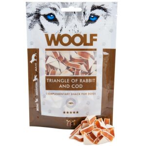 Λιχουδιές σκύλου Woolf Snacks τρίγωνα κουνελιού και γάδου 100gr