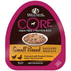 Δισκάκι σκύλου Wellness Core Small Breed Savory Medleys Κοτόπουλο, Πάπια, Αρακάς & Καρότα 85gr