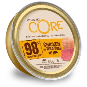 Δυπρωτεϊνικό κονσερβάκι γάτας Wellnes Core 98% Κοτόπουλο και Αγριόχοιρος 85gr