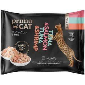 Υγρή τροφή γάτας Prima Cat Fillet Τόνος και Σολομός /  Τόνος και Γαρίδες σε ζελέ 4x50gr